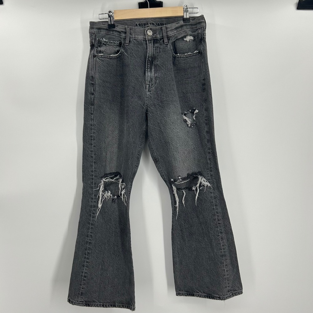 American Eagle Distressed Kick Flare Jeans Womens 6 Short Washed Black Ripped‎